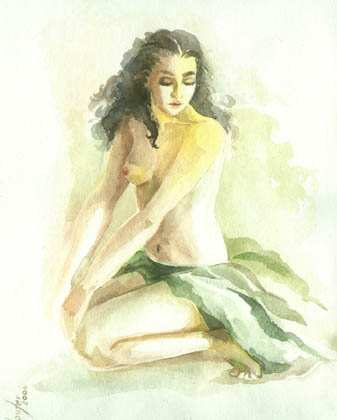 Nude in green - watercolor